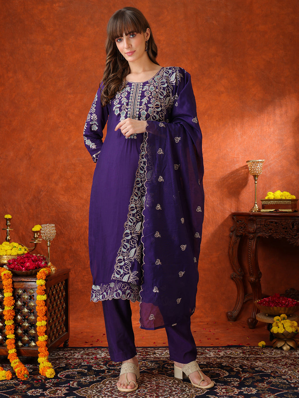 Hand Embroidered Kurta With Pant & Embroidered Dupatta, Purple - Hiral Fashion | Grocsy