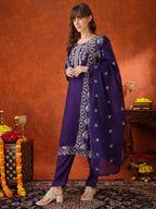 Hand Embroidered Kurta With Pant & Embroidered Dupatta, Purple - Hiral Fashion | Grocsy