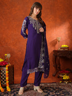 Hand Embroidered Kurta With Pant & Embroidered Dupatta, Purple - Hiral Fashion | Grocsy