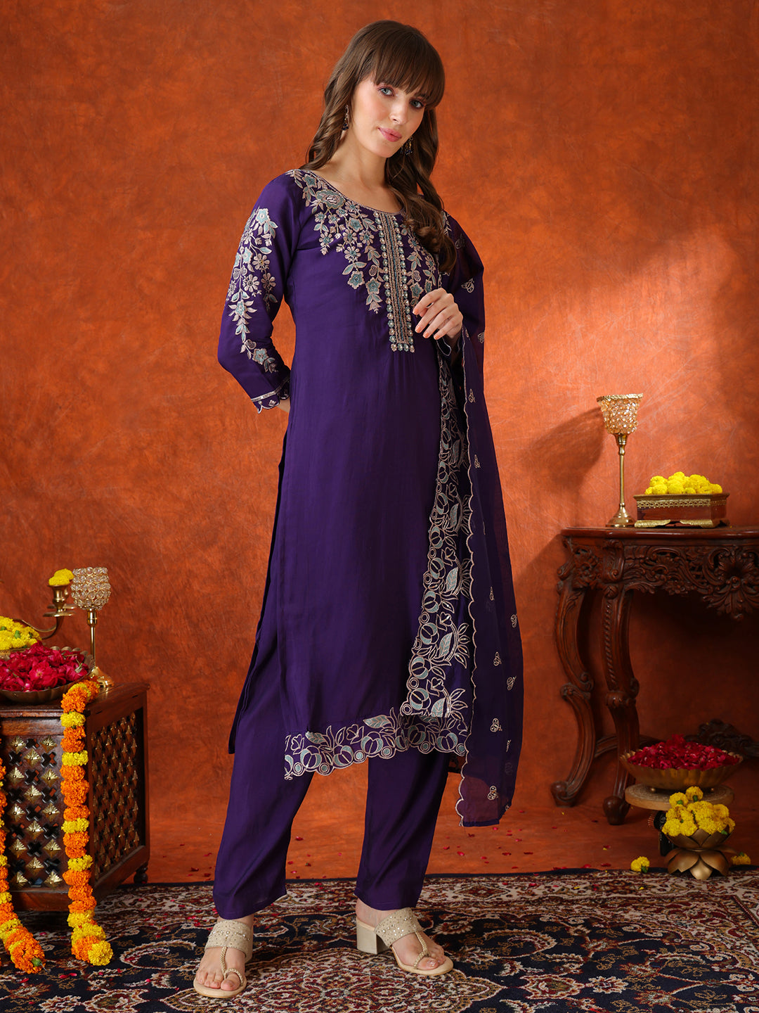 Hand Embroidered Kurta With Pant & Embroidered Dupatta, Purple - Hiral Fashion | Grocsy