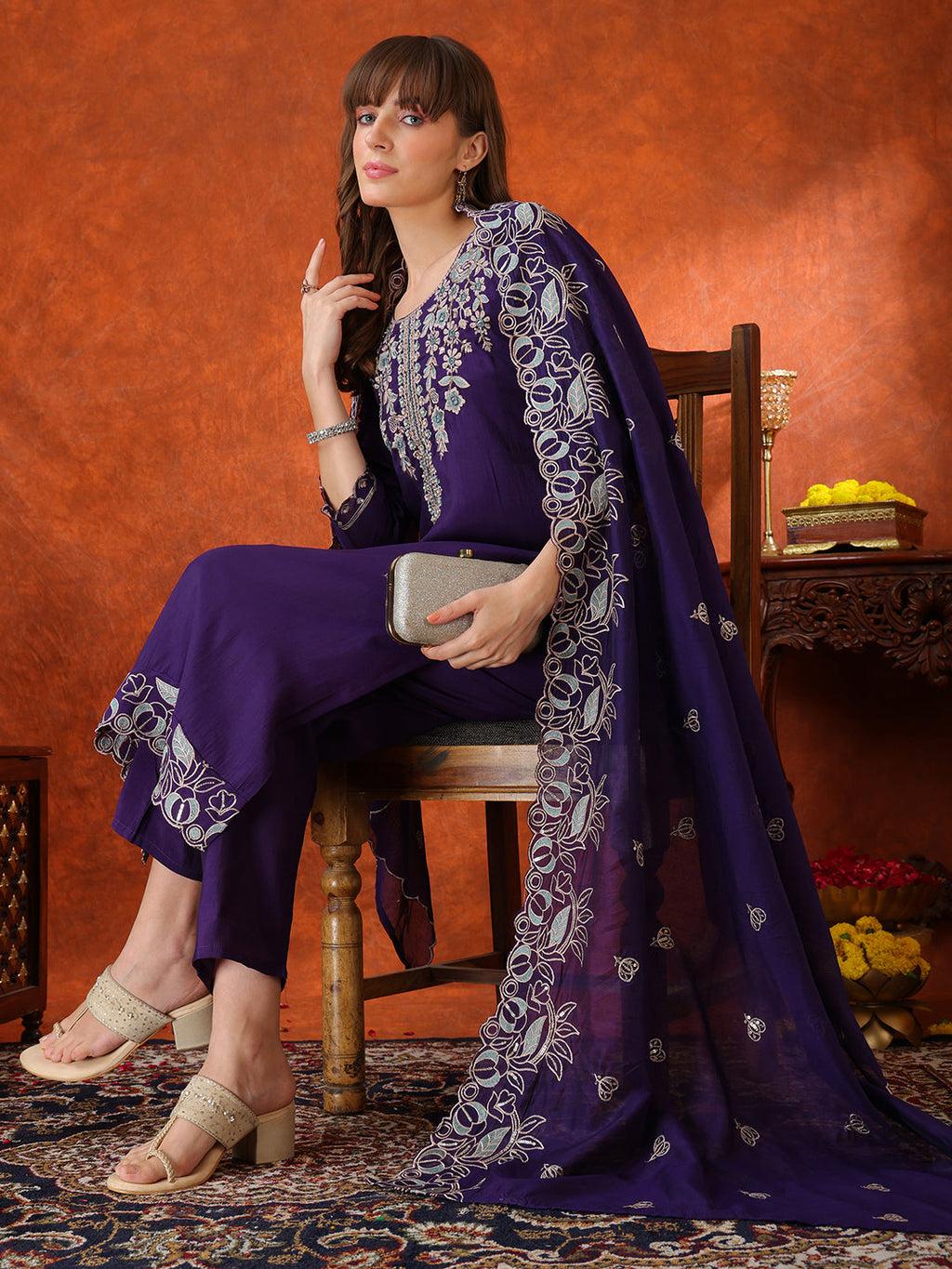 Hand Embroidered Kurta With Pant & Embroidered Dupatta, Purple - Hiral Fashion | Grocsy