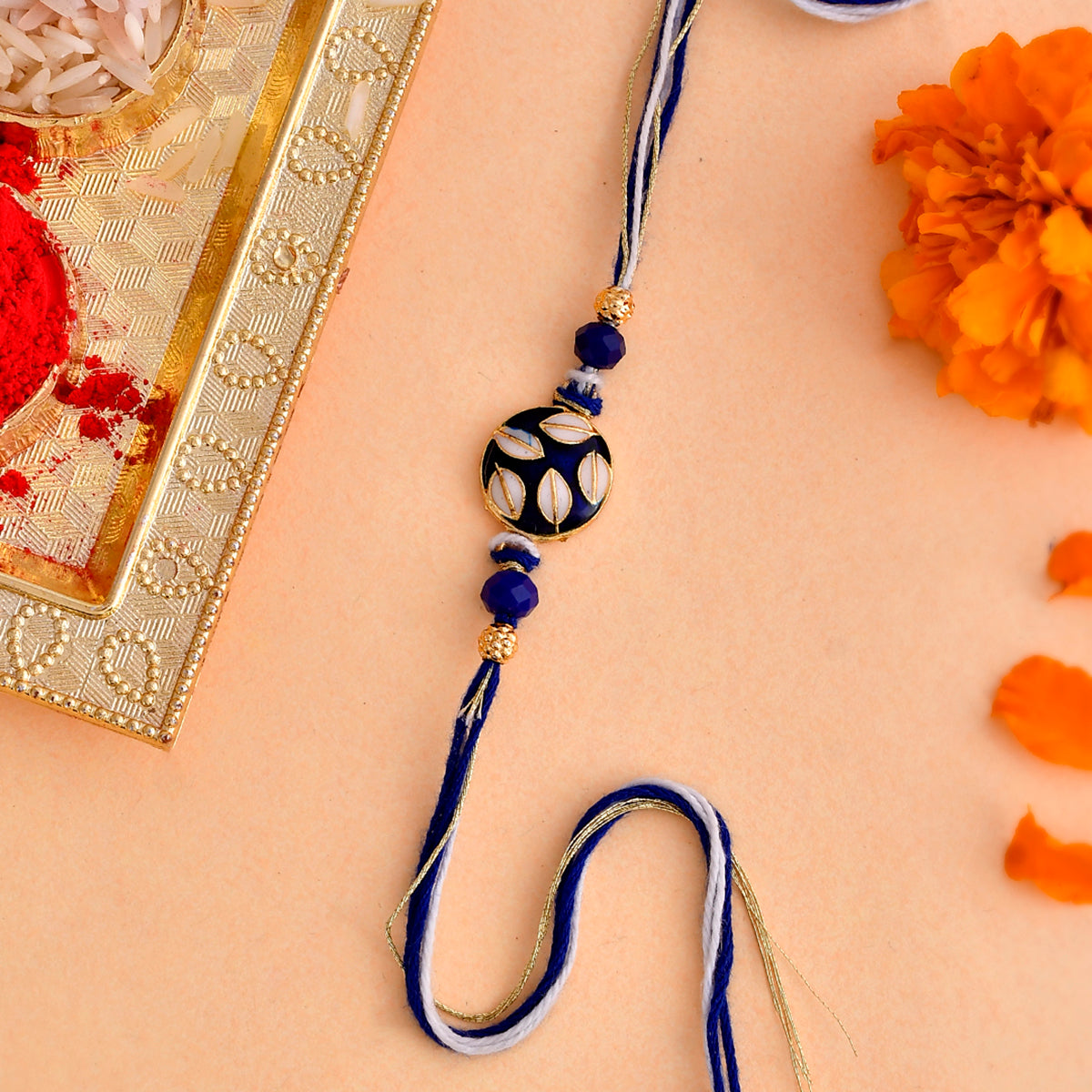 trueBrowns X Voylla Ethnic Embellished Blue Thread Rakhi | Grocsy