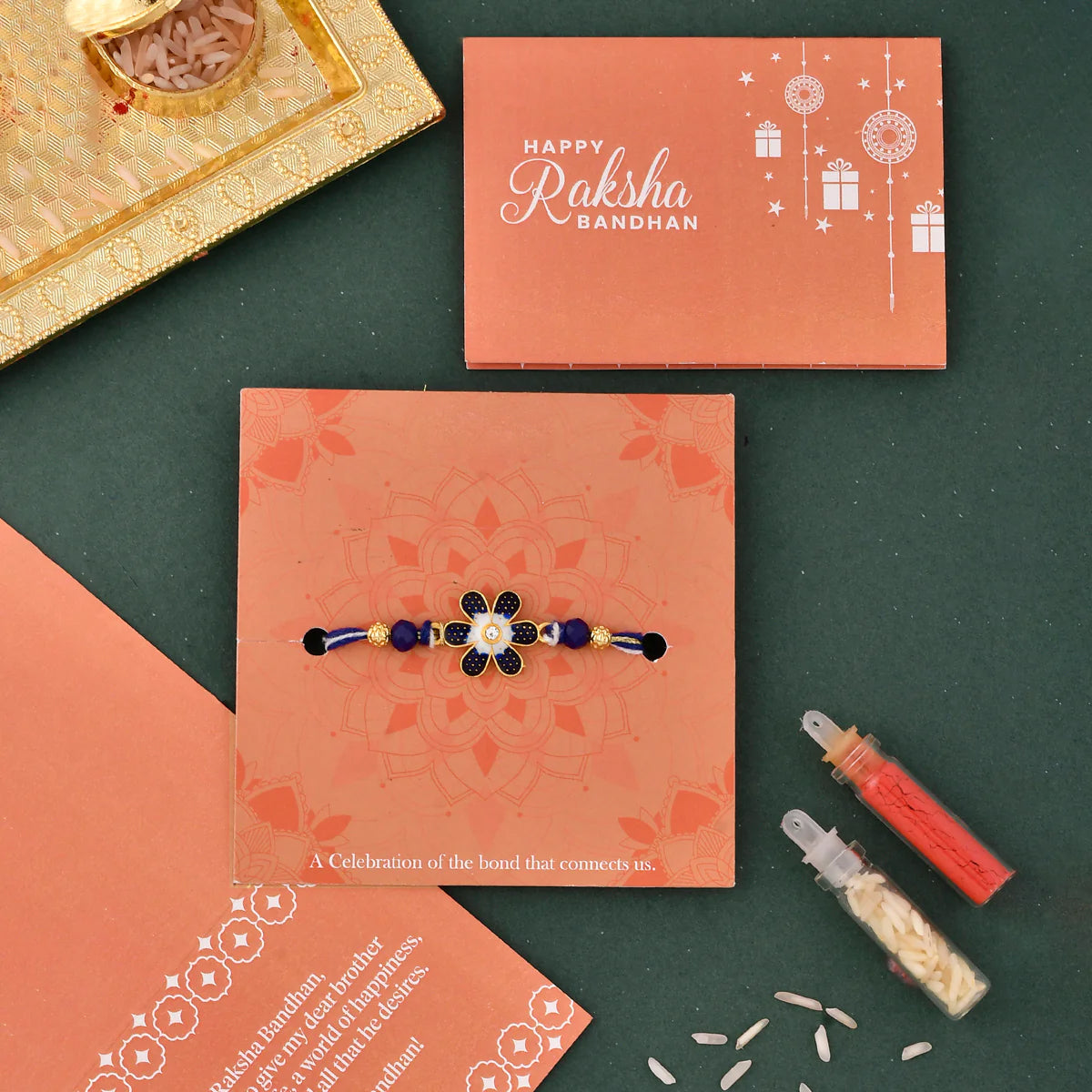trueBrowns X Voylla Ethnic Floral Motif Blue Thread Rakhi | Grocsy