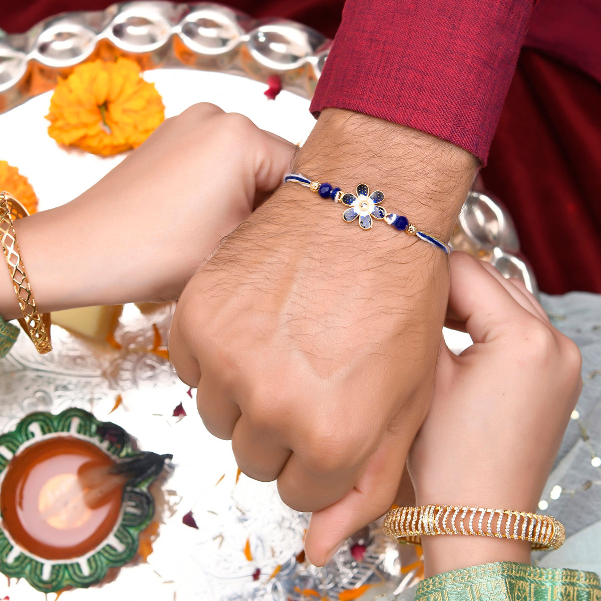 trueBrowns X Voylla Ethnic Floral Motif Blue Thread Rakhi | Grocsy