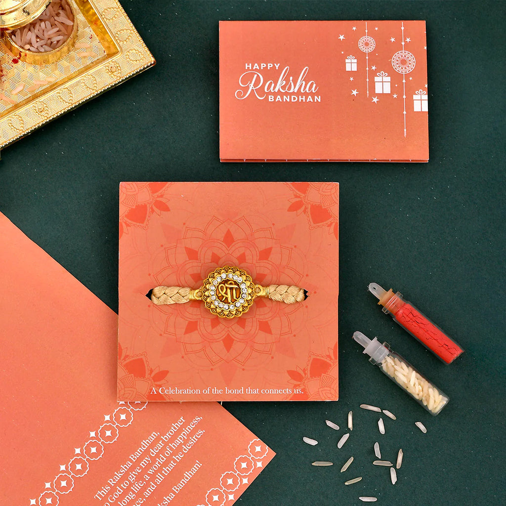 trueBrowns X Voylla Traditional Shree Inscription Zirconia Studded Rakhi | Grocsy