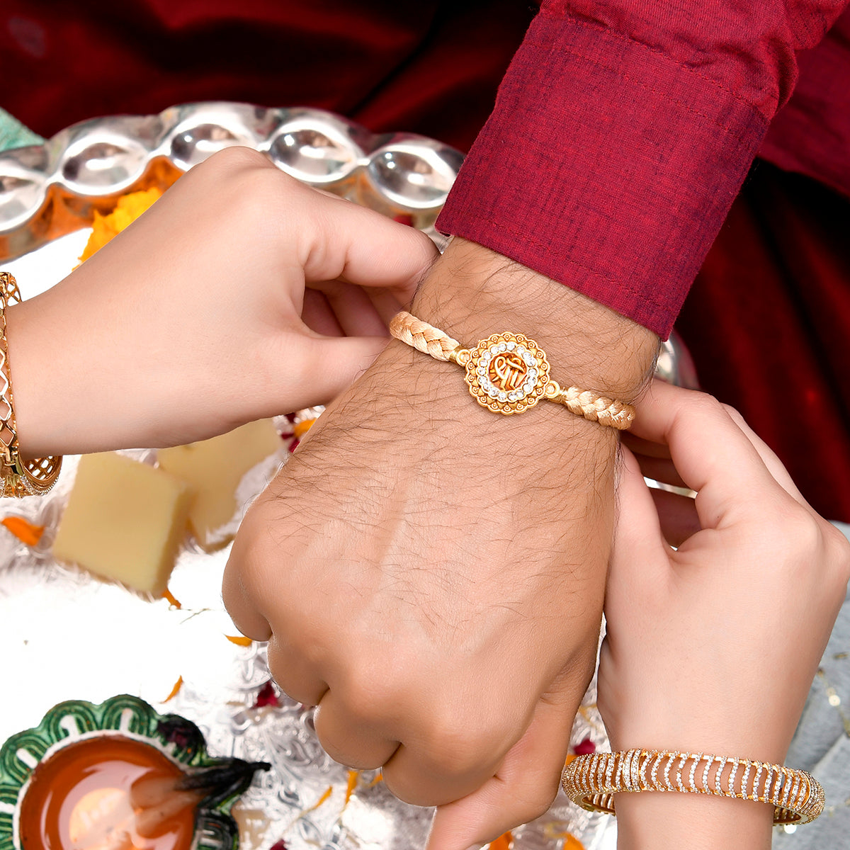 trueBrowns X Voylla Traditional Shree Inscription Zirconia Studded Rakhi | Grocsy