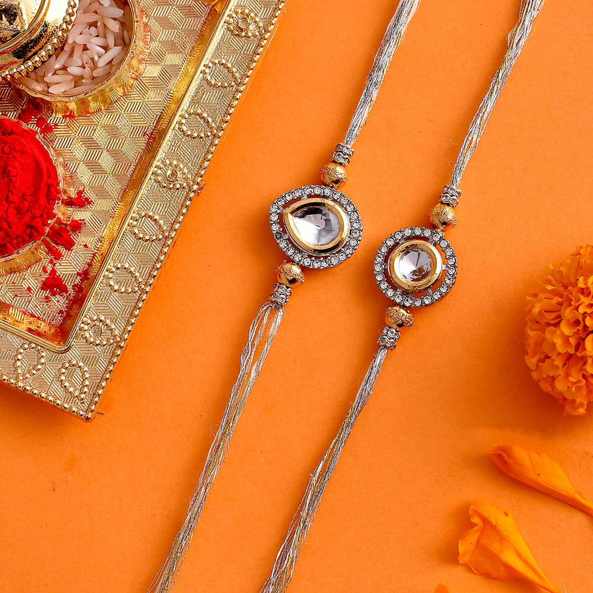 trueBrowns X Voylla Kundan Polki Studded Thread Rakhis - Pack Of 2 | Grocsy