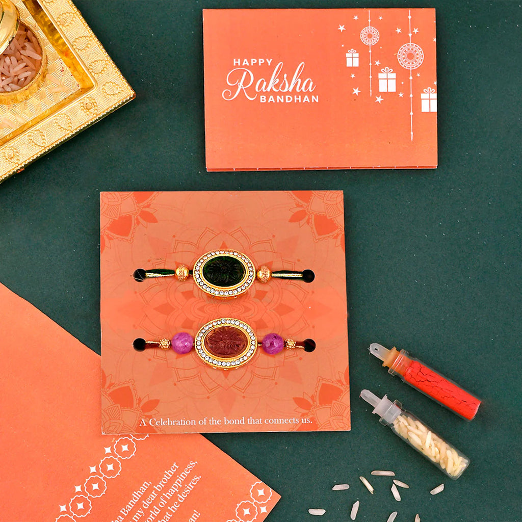 trueBrowns X Voylla Studded Pink And Green Thread Rakhis - Pack Of 2 | Grocsy