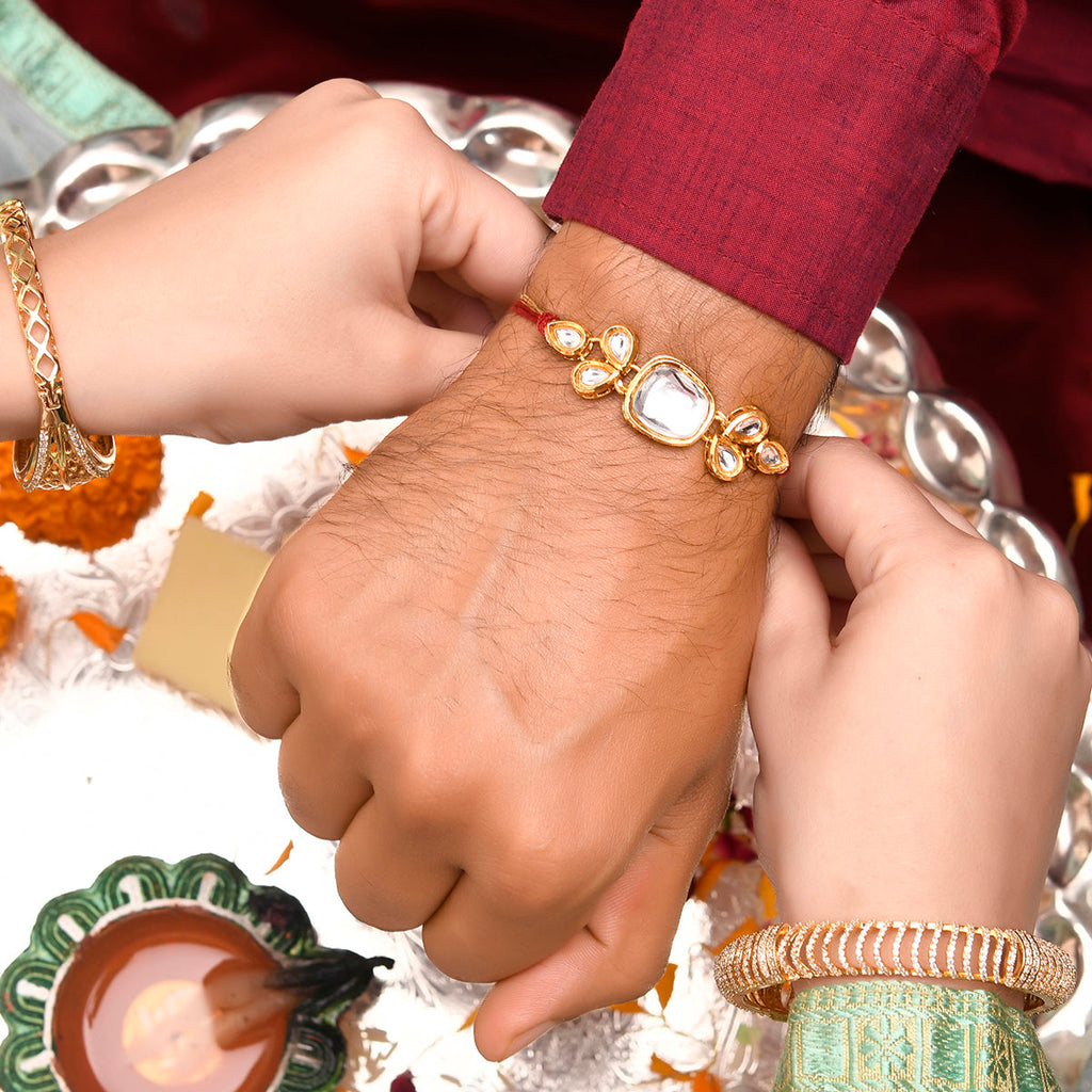 trueBrowns X Voylla Classic Kundan Polki Studded Ethnic Thread Rakhi | Grocsy