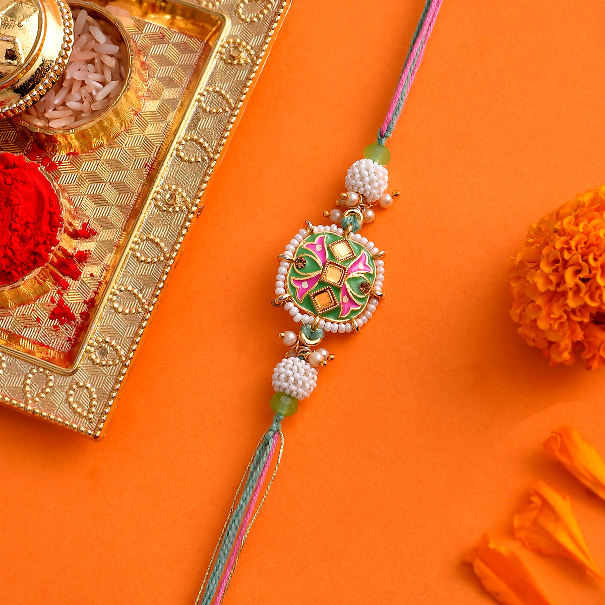 trueBrowns X Voylla Enameled Pearl Beads Thread Rakhi | Grocsy