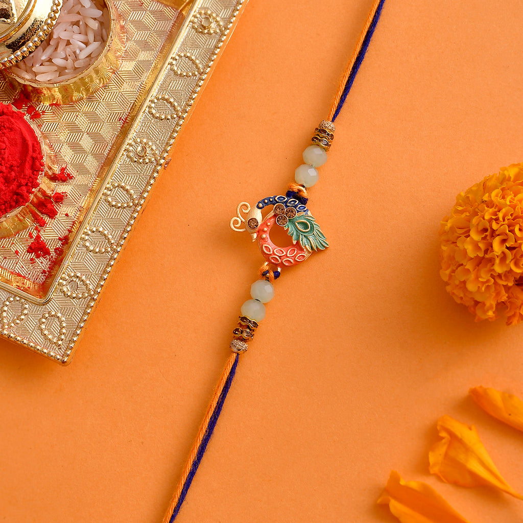 trueBrowns X Voylla Colorful Enameled Peacock Motif Beaded Thread Rakhi | Grocsy