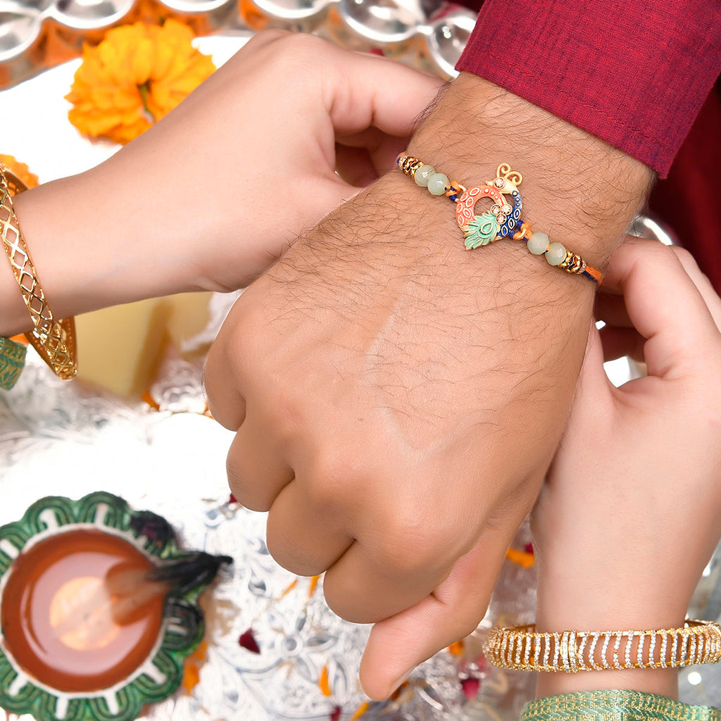 trueBrowns X Voylla Colorful Enameled Peacock Motif Beaded Thread Rakhi | Grocsy