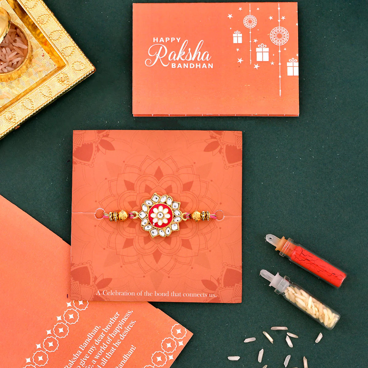 trueBrowns X Voylla Green Gems Studded Ethnic Thread Rakhi | Grocsy