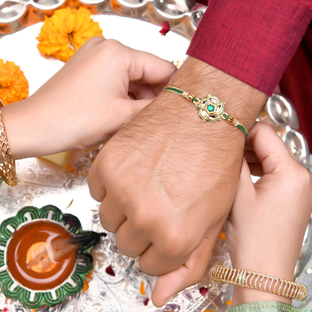 trueBrowns X Voylla Green Gems Studded Ethnic Thread Rakhi | Grocsy