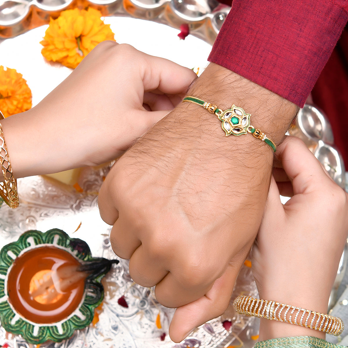 trueBrowns X Voylla Green Gems Studded Ethnic Thread Rakhi | Grocsy