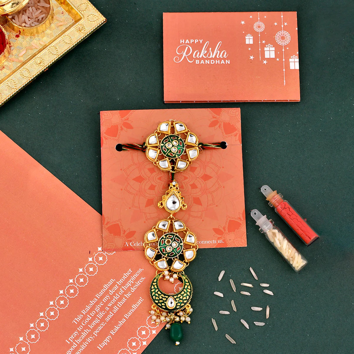 trueBrowns X Voylla Kundan Polki Enameled Bhaiya-Bhabhi Rakhi | Grocsy