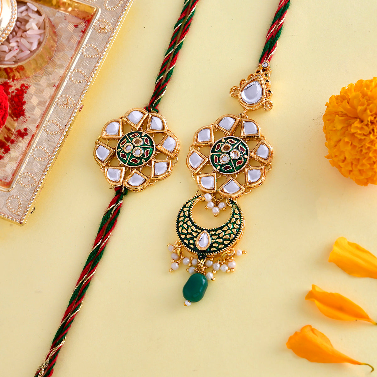 trueBrowns X Voylla Kundan Polki Enameled Bhaiya-Bhabhi Rakhi | Grocsy