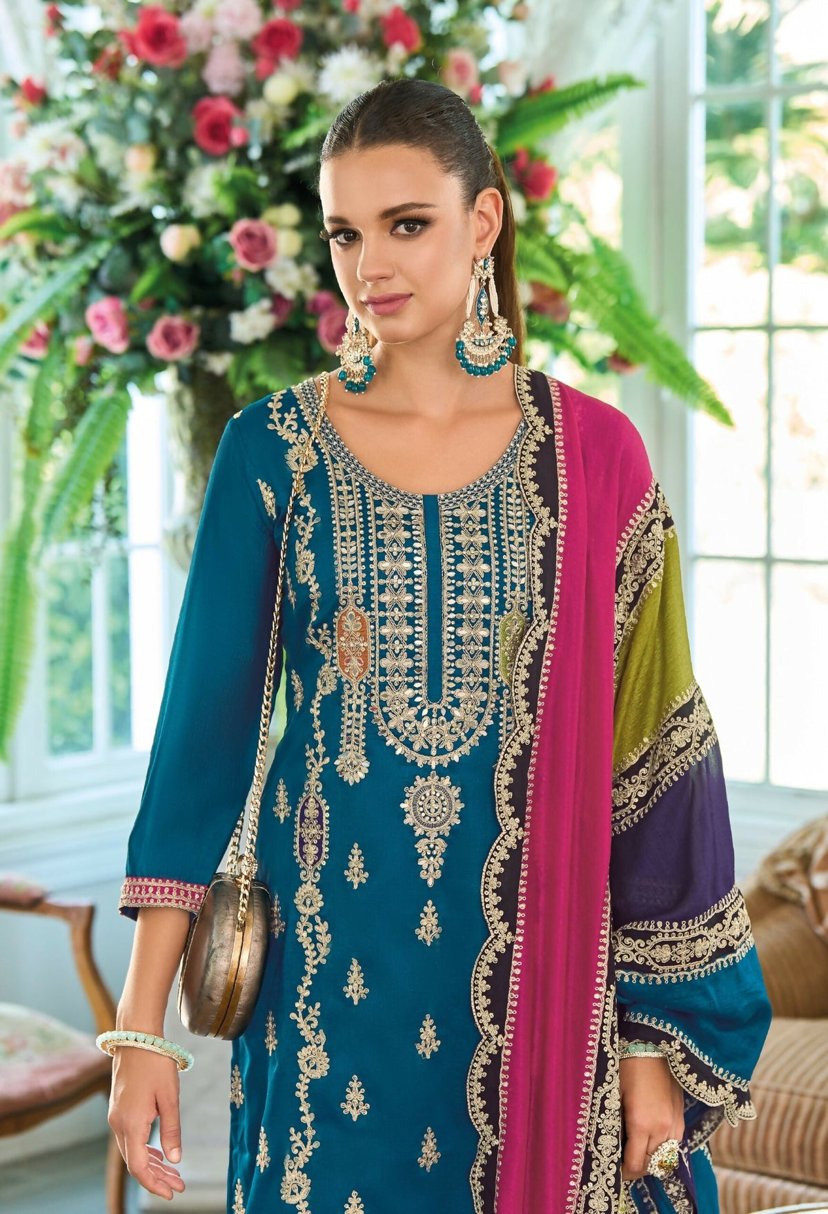 Anaita Teal Premium Embroidered Chinon Stitched Salwar Suit | Grocsy