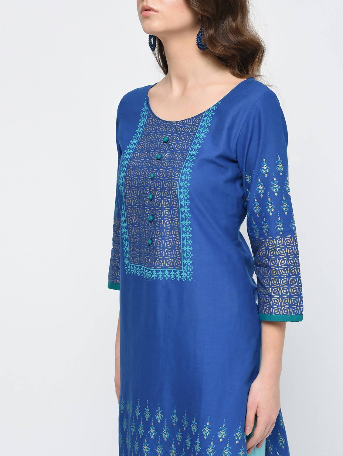 Indian Clothing Cheera Hand Block Print Royal Blue Color Straight Kurta | Grocsy
