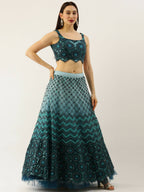 House of Panchhi Women Teal Net Embroidered Sequins Lehenga & Blouse with Dupatta | Grocsy
