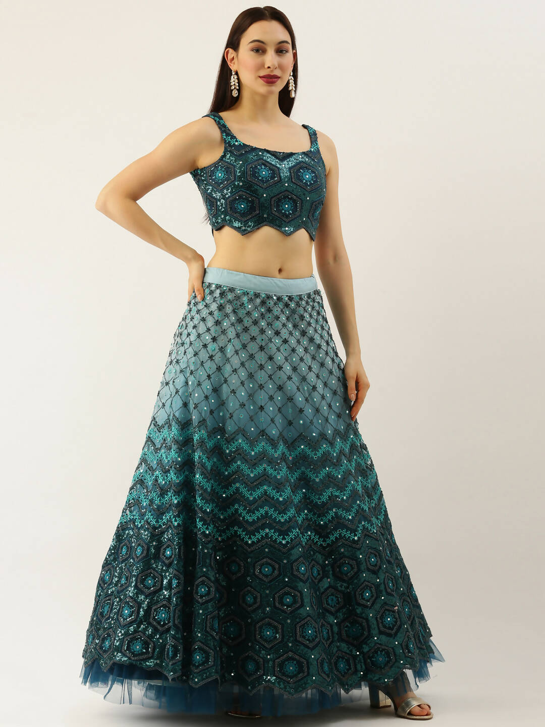 House of Panchhi Women Teal Net Embroidered Sequins Lehenga & Blouse with Dupatta | Grocsy