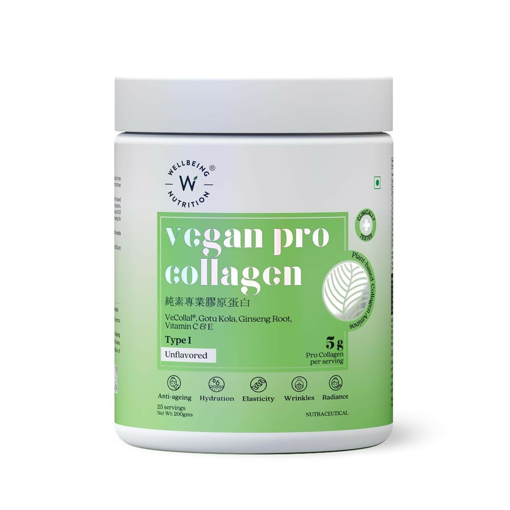 Wellbeing Nutrition Vegan Pro Collagen Powder with Gotu kola, Ginseng, Vitamin C & E - Unflavored - Improves Skin Hydration, Texture | Grocsy