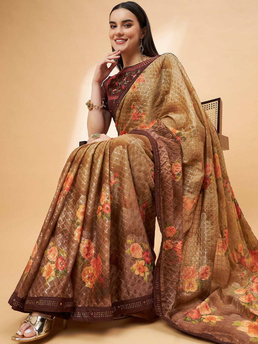 Beige Georgette Resham And Sequins Embroidery, Mukaish Studded Work Saree - Norita Hit Design | Grocsy