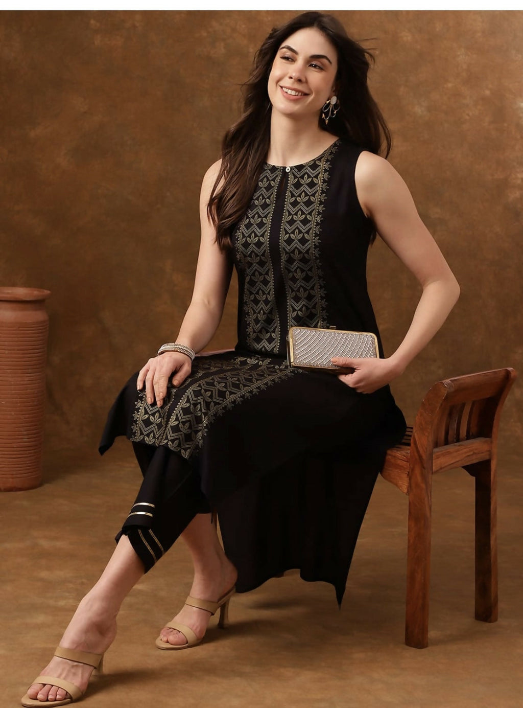 Cheera Women Stylish Hand Block Printed Cotton Blend Flared Kurta - Black | Grocsy