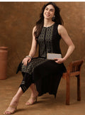 Cheera Women Stylish Hand Block Printed Cotton Blend Flared Kurta - Black | Grocsy