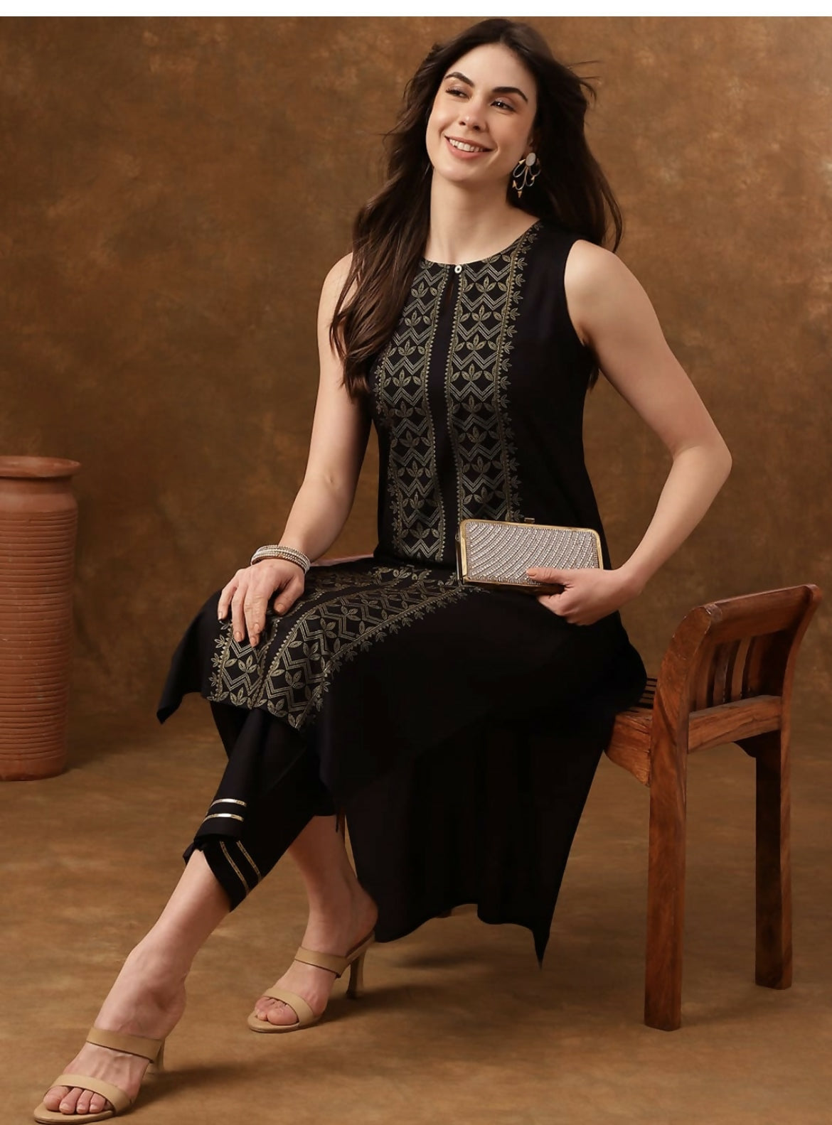 Cheera Women Stylish Hand Block Printed Cotton Blend Flared Kurta - Black | Grocsy