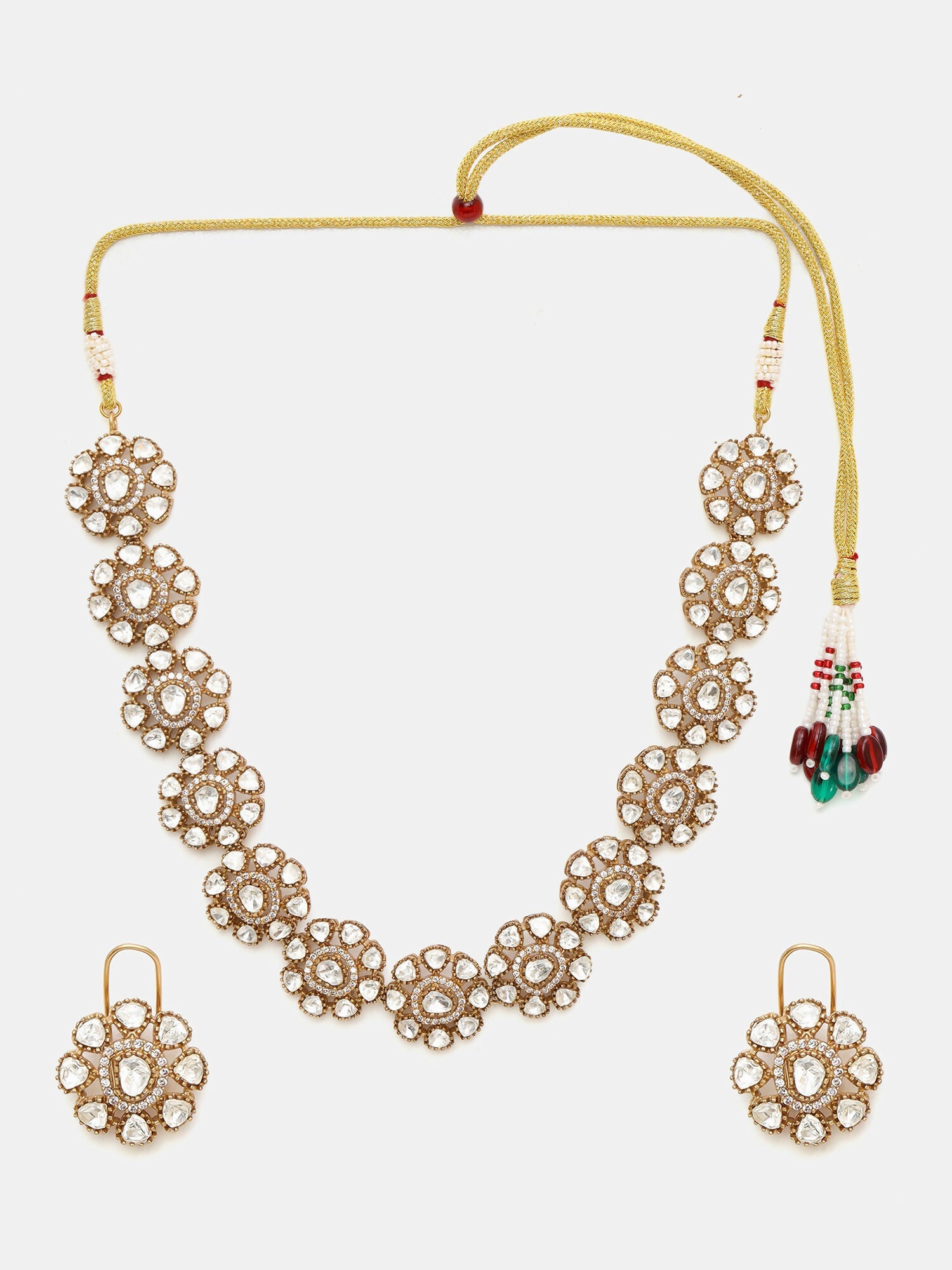 Ruby Raang Gold Polished Kundan Work Gold Kundan Flower Necklace With Stud Earrings | Grocsy