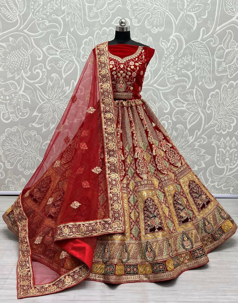 Jyoti Fashion Women's Red Velvet Fancy Dori, Zari with Multi Thread Embroidered Wedding Lehenga Choli | Grocsy