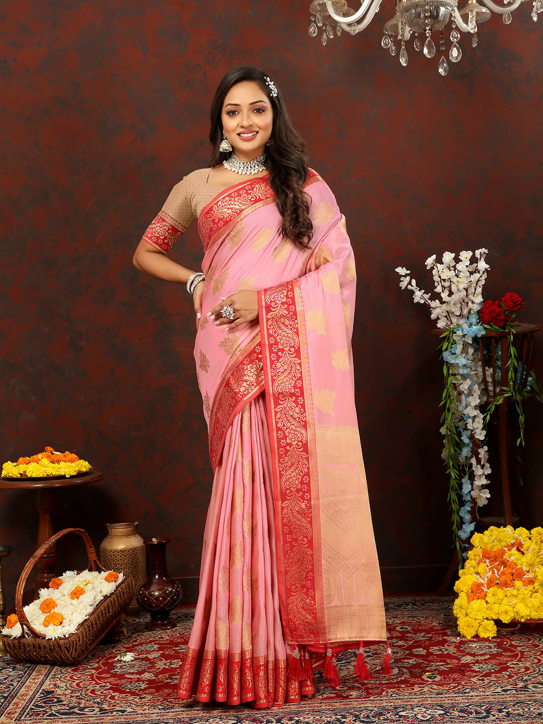 Lorenvalley Fashion Pink Cotton Woven Design with Zari Weaving Design Saree | Grocsy