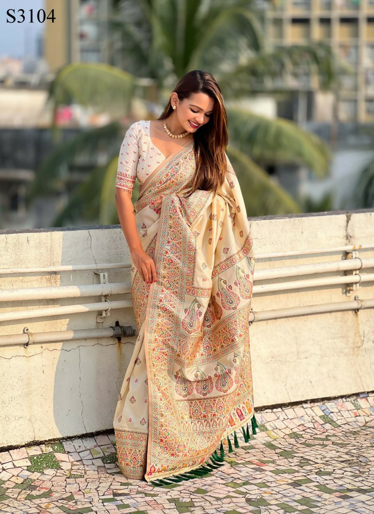Yellow Pashmina Silk Wevon Kashmiri Meenakari Designer Saree with Unstitched Blouse - Vandini | Grocsy