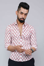 Miravan Men's White & Pink Spread Collar Floral Print Shirt | Grocsy