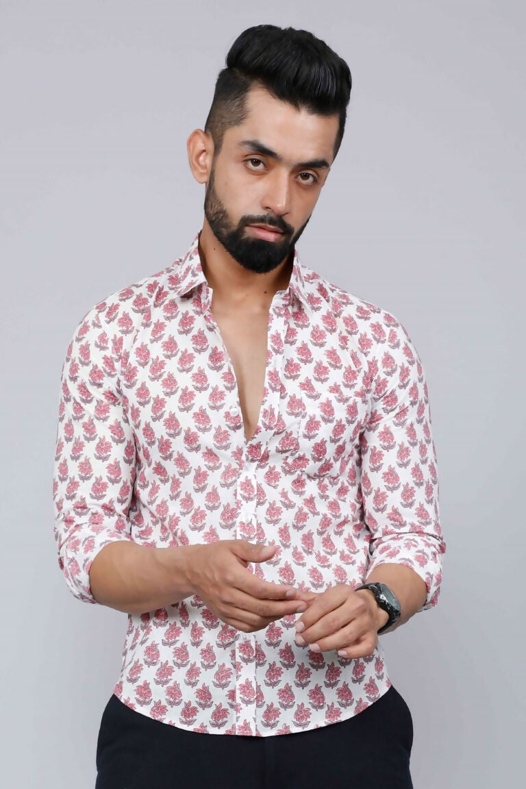 Miravan Men's White & Pink Spread Collar Floral Print Shirt | Grocsy