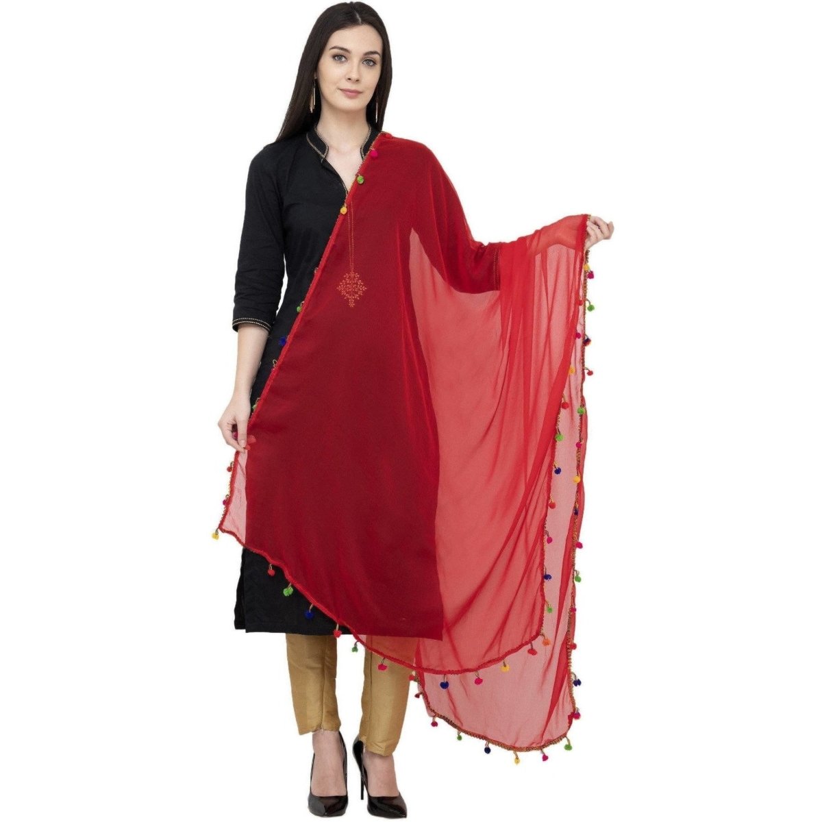 A R Silk Chiffon Multi Pum-2 Regular Dupatta Color Red Dupatta or Chunni | Grocsy
