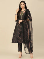 Black Embroidered Chinon Straight Kurta With Trouser & Dupatta - Salimar | Grocsy