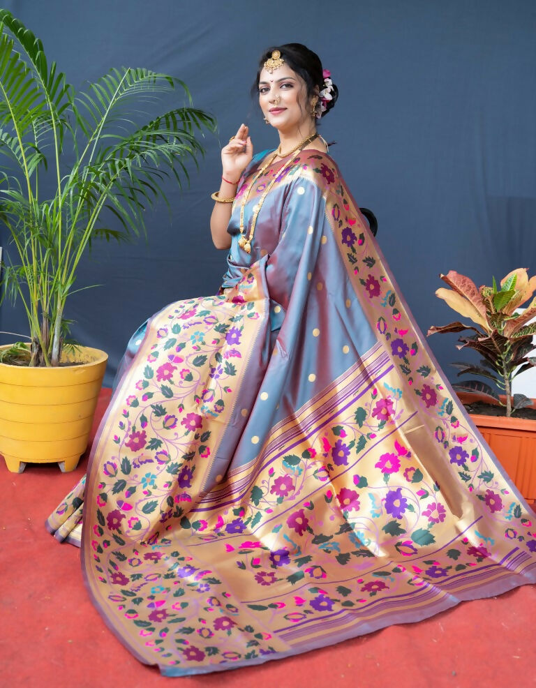Jyoti Fashion Women's Grey Paithani Silk Zari Woven Saree with Blouse | Grocsy
