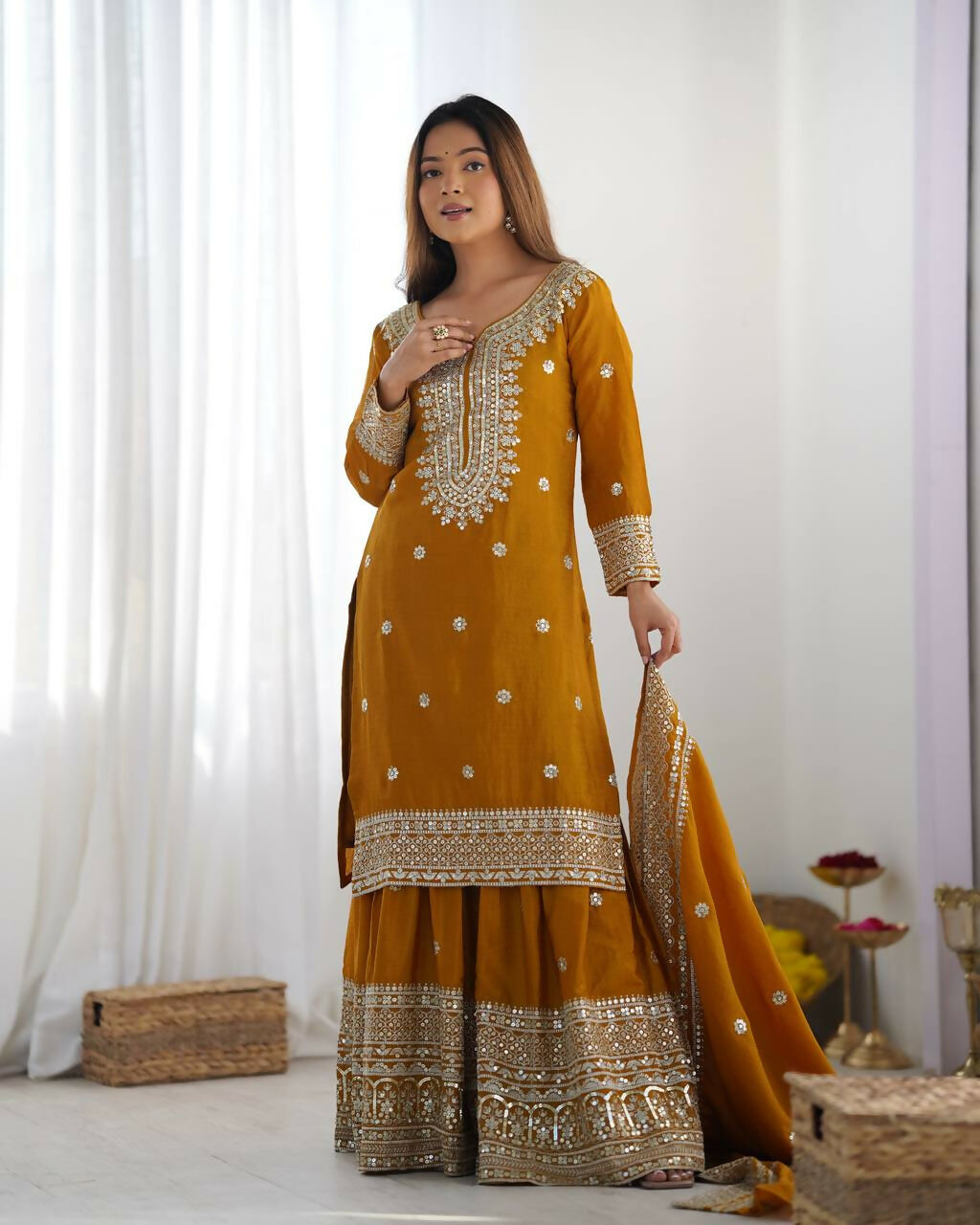 Joban Fashion Mustard Kurta Set Silk Sequins , Zari, Coding & Thread Embroidered work | Grocsy