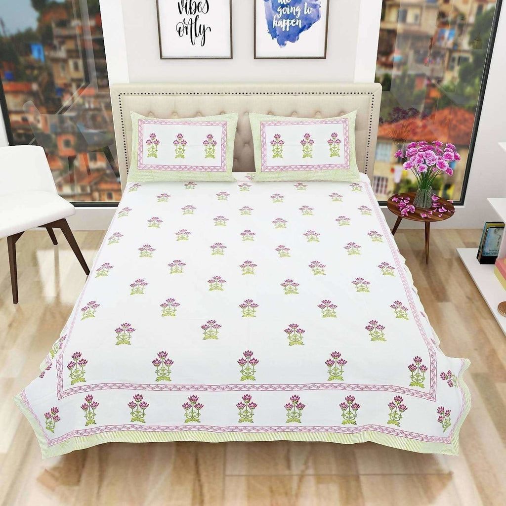 Floral Hand Block Printed Double 90x108 Inches Bedspread with 2 Pillow Covers | Grocsy