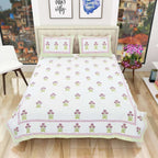 Floral Hand Block Printed Double 90x108 Inches Bedspread with 2 Pillow Covers | Grocsy