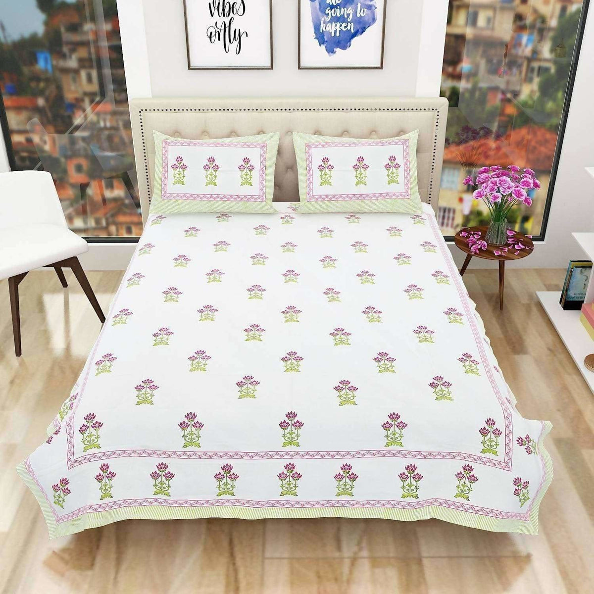 Floral Hand Block Printed Double 90x108 Inches Bedspread with 2 Pillow Covers | Grocsy