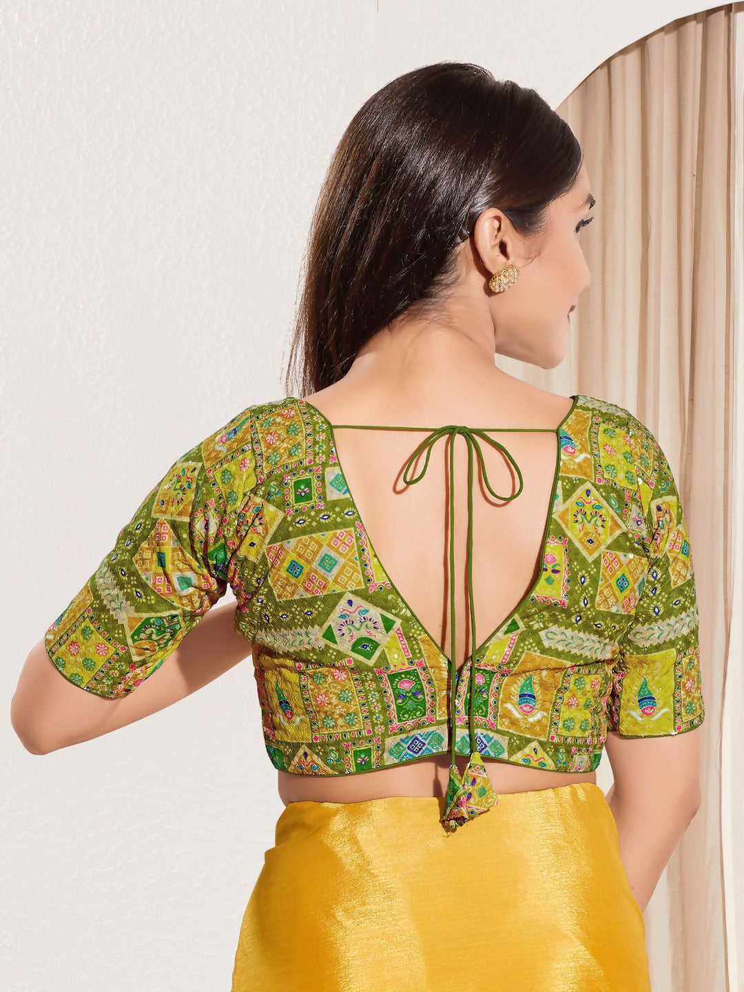 Joban Fashion Mehendi Green Viscose Rayon Padded Blouse With V Neck Elbow Sleeves | Grocsy