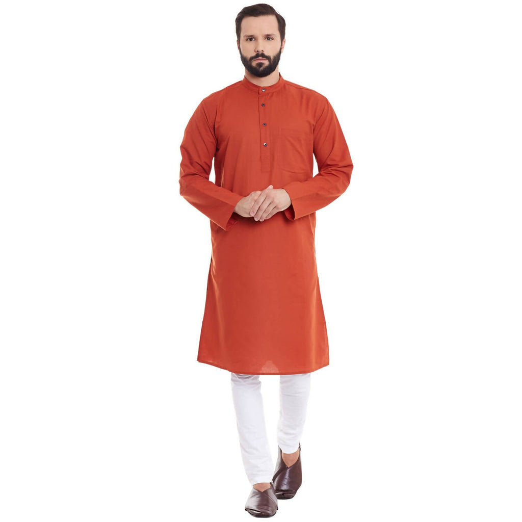 Even Apparels Orange Pure Cotton Men's Kurta With Band Collar | Grocsy