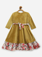 Ahalyaa Mustard Velvet Plain Kids Frilled Kurta For Girls | Grocsy