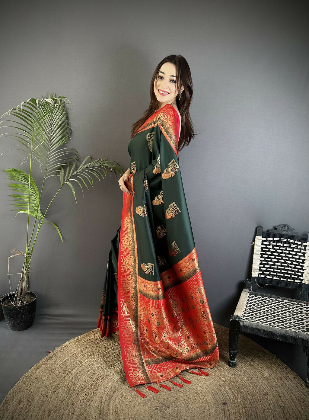 Joban Fashion Dark Green Banarasi Soft Silk Peacock Butta Work Saree | Grocsy