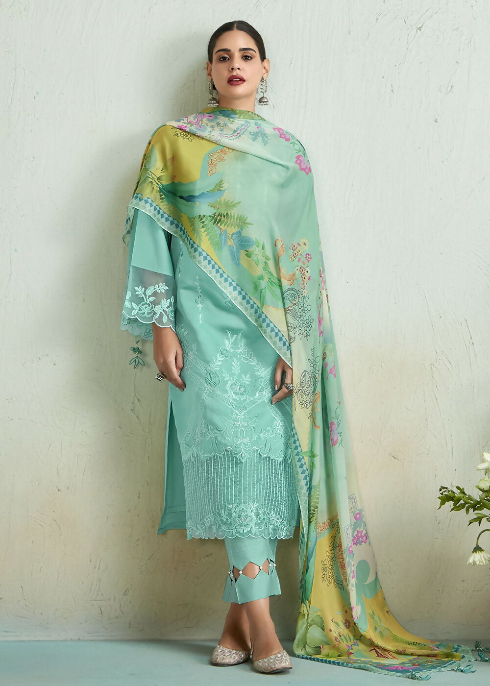 Turquoise Blue Pure Muslin Resham Embroidered Salwar Suit - Emponline | Grocsy