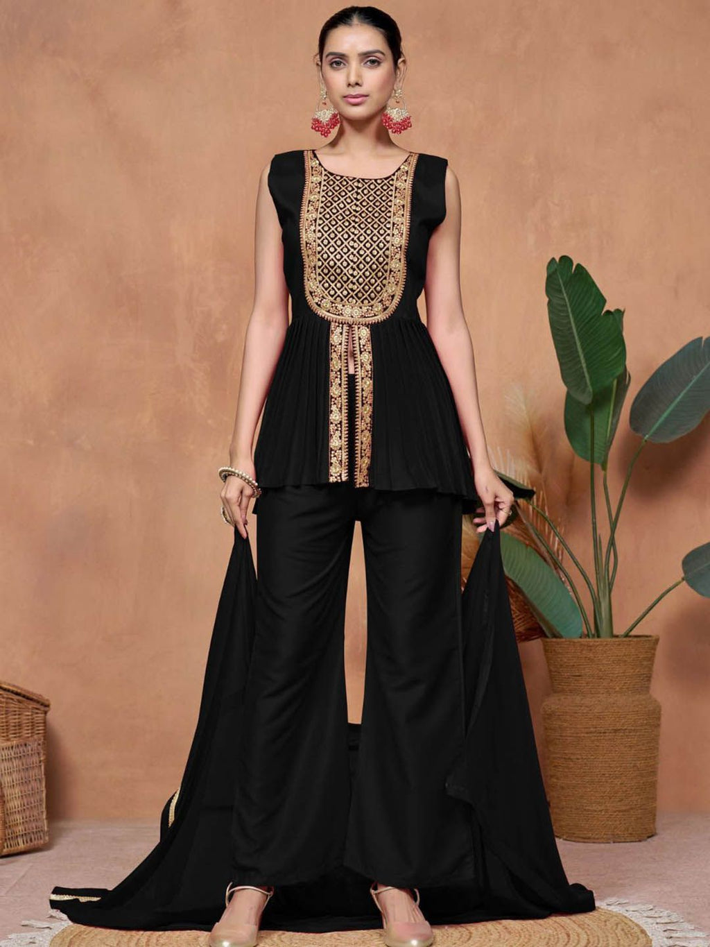 Sangria Embroidered A-line Kurta & Palazzo With Dupatta | Grocsy