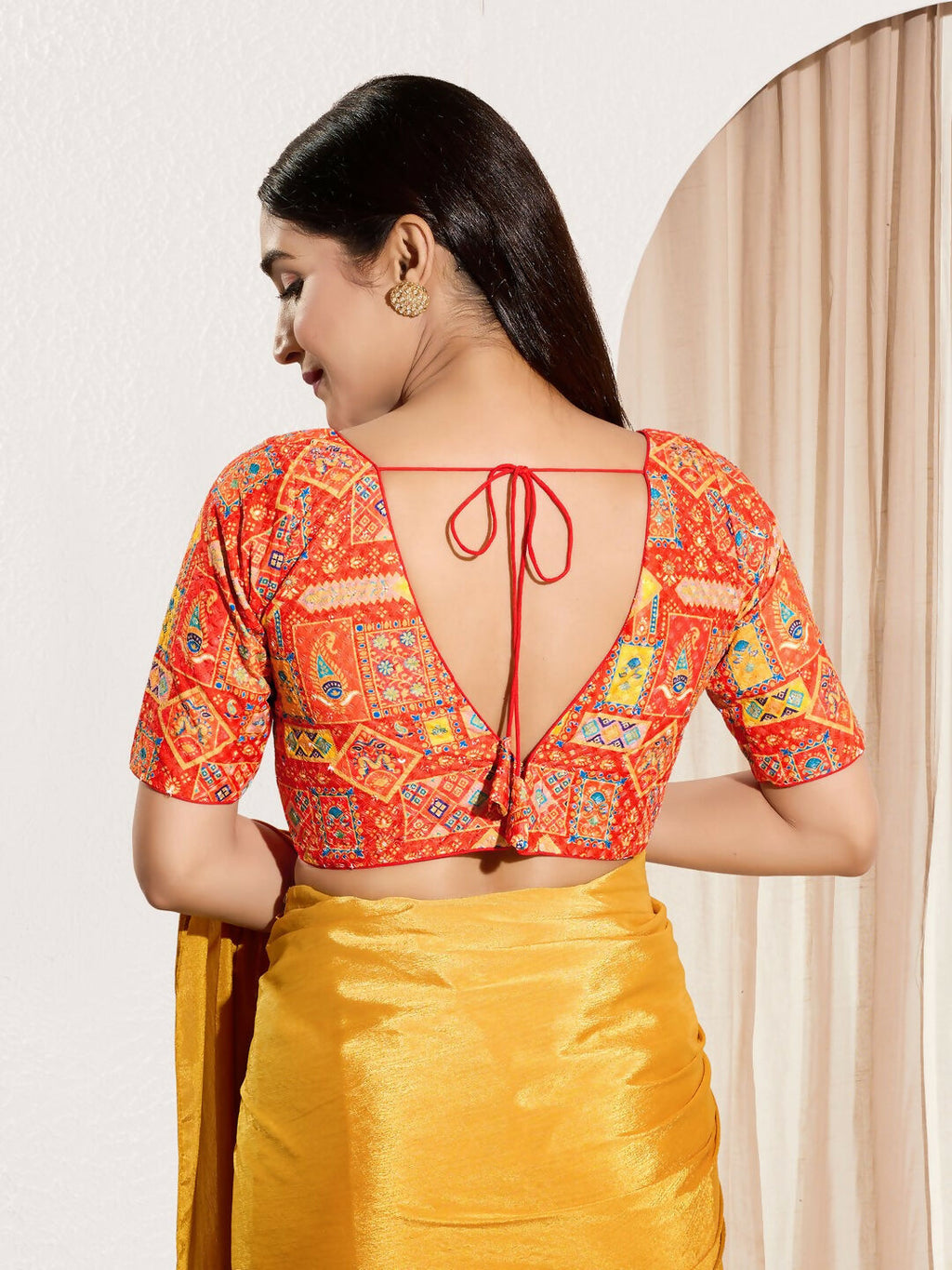 Joban Fashion Orange Viscose Rayon Padded Blouse With V Neck Elbow Sleeves | Grocsy
